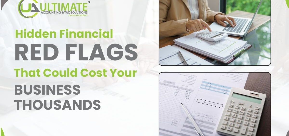 A business owner reviewing financial documents with warning signs highlighted to illustrate hidden financial red flags.